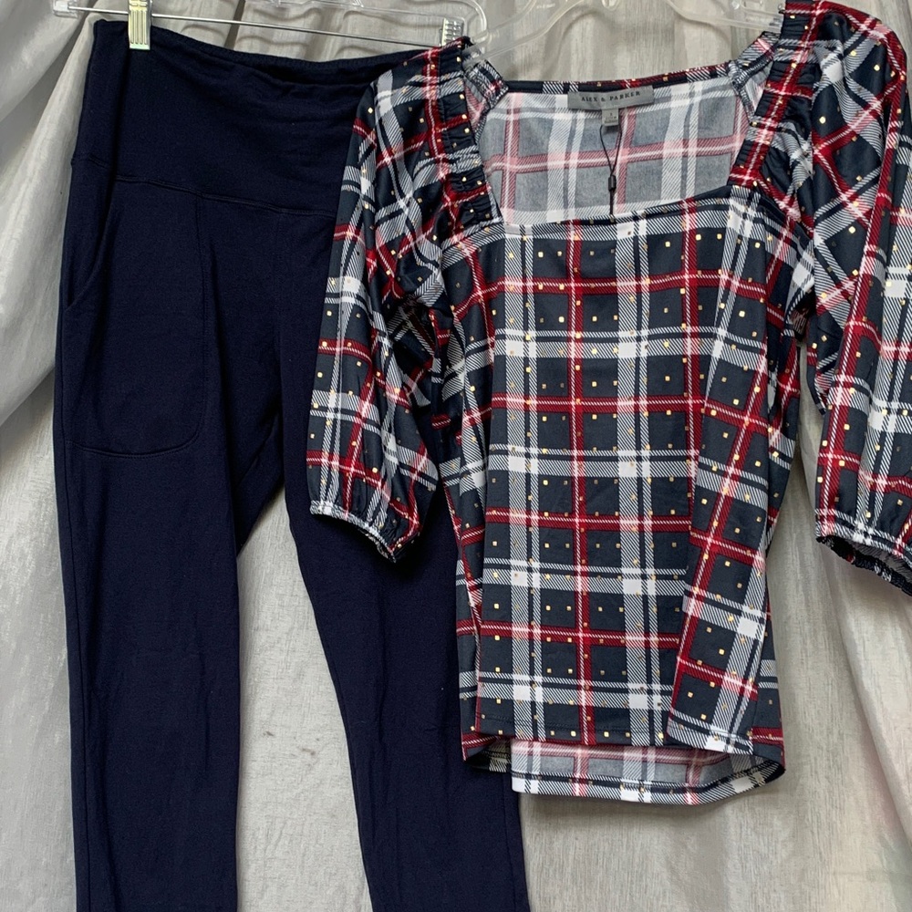 Plaid Square-Neck Blouse in Navy and Red - Women's